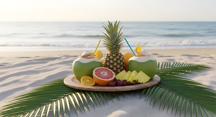 Obraz premium Tropical beach scene with pineapple and fruit on a wooden platter on sand