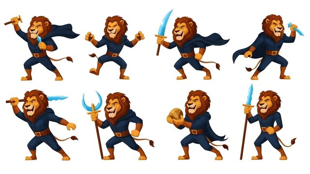 Cartoon lion warrior character sprites in various action poses and stances wielding swords and spears for fantasy game design and illustrations