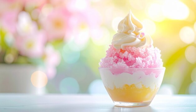 夢のような照明のソフトクリームトッピングのパステルカラーかき氷