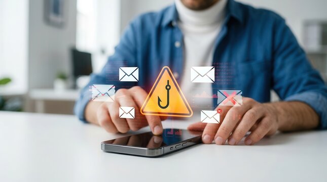 Internet security risk concept featuring a man with a smartphone and digital phishing scam overlays.