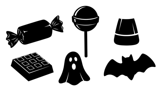 Halloween candy silhouettes collection: lollipop, ghost, bat, chocolate, wrapped sweets on white background.
