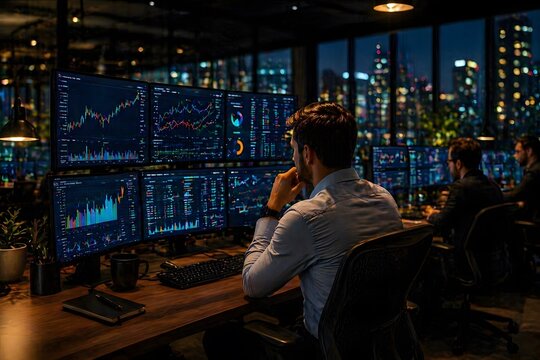 A professional financial trader working late at night in a dark office looking at multiple computer monitors showing real time stock market charts and data analysis with city lights in background