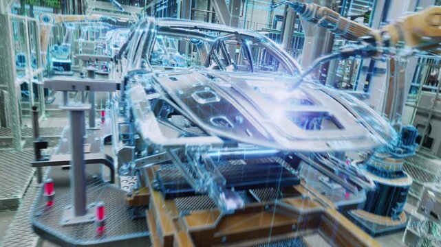 Car Factory Visualisation Shows Robotic Arms Assembling Vehicles on Conveyor Line. AI Computer Vision Digital Data Overlays, Smart Factory Automation, Production Digitization. Cinematic Camera