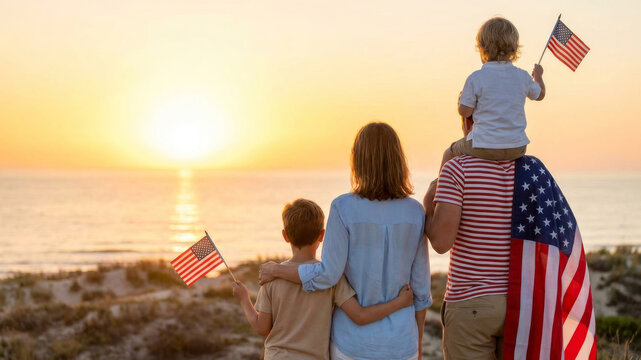 American independence celebration family sunset beach pride flag. American independence celebration family, patriotic US together fourth children July 4 memorial