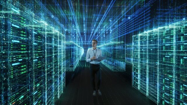IT Engineer Walks Through Digtitized Data Center, Using a Laptop Amid Glowing Server Racks, Holographic Network Lines and Immersive Blue Cyber Infrastructure. Activating AI Analysis