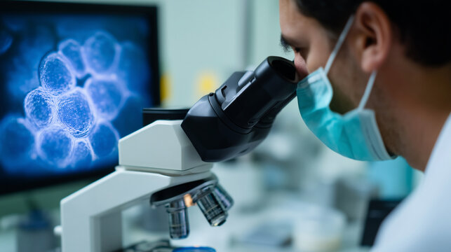 Embryologist observing fertilized cells on microscope monitor during IVF procedure, advanced fertility clinic and reproductive science scene embryologist, IVF procedure, fertility