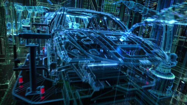 Digital Twin Car Factory Visualisation Shows Robotic Arms Assembling a Vehicle Body on an Automated Conveyor Line, With Neon Data Grids, Smart Factory Control, Precision Engineering and Industry 4.0.