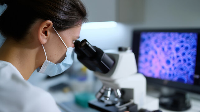 Embryologist observing fertilized cells on microscope monitor during IVF procedure, advanced fertility clinic and reproductive science scene embryologist, IVF procedure, fertility