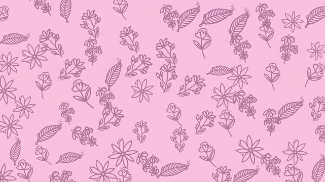 Floral wallpaper with pink doodle pattern, lavender flowers, and leaves. Suitable for backgrounds, invitations, stationery, and digital designs.