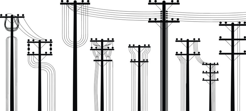 Vintage utility pole silhouette collection with overhead power lines and electrical transmission infrastructure isolated on light background