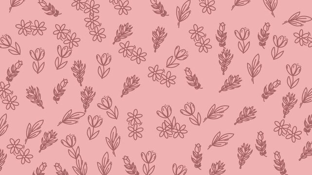 Floral doodle seamless pattern featuring outline flowers and leaves on pink background. Ideal for textiles, stationery, and packaging design projects.