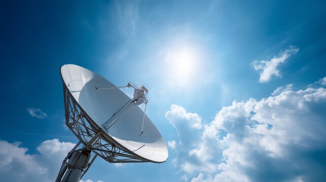 White parabolic communication antenna against sunny sky, global satellite network and wireless data transmission background parabolic antenna, satellite communication, telecom tech