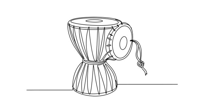 Minimalist line art Illustration of a traditional djembe drum with detailed contours and a simple wire hanging strap capturing