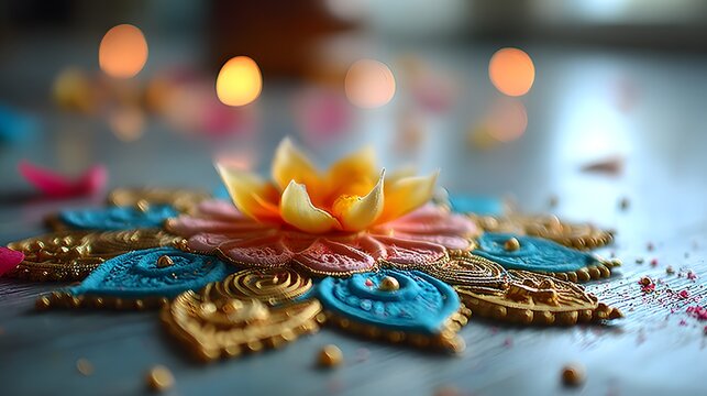Close-up of vibrant Rangoli pattern illuminating Diwali night with festive decoration and cultural richness.