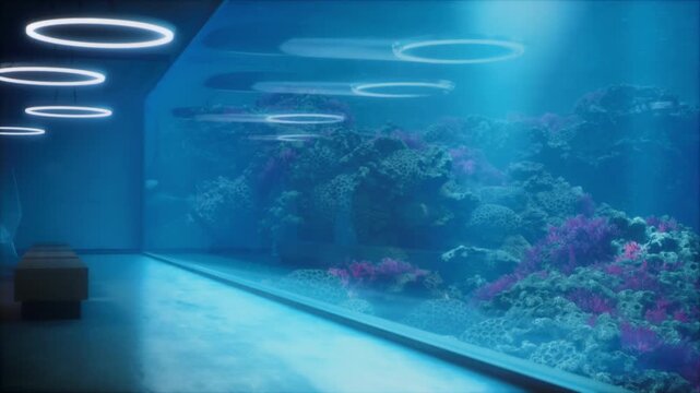 Majestic Orca Whale Glides Past a Vast Oceanarium Window in an Amusement Park Aquarium. Marine Life Conservation, Whale Protection, Coral Habitat Awareness, and Ocean Education.