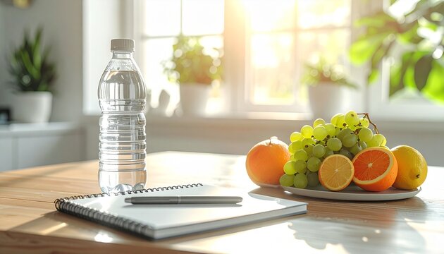 Healthy workspace with bottled water fresh fruit and notebook