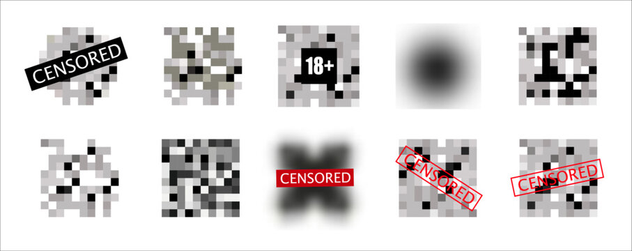 Censorship elements of various types, censored bar and pixel censor mosaics signs set, censure pixilation effect and blur, templates for visual materials censoring