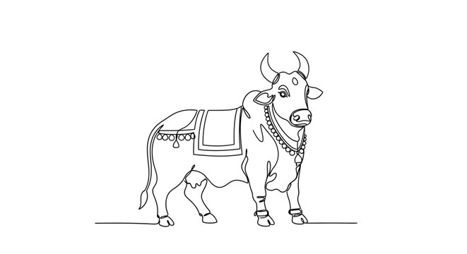 Line Drawing of Traditional Sacred Animal Decorated with Ornaments and Jewelry