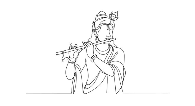 Minimalist Line Art Illustration of a Traditional Flute Player in Cultural Attire showcasing serene expression and elegant