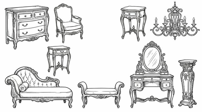 Illustration of various antique furniture pieces including a dresser, armchair, and vanity against a white background