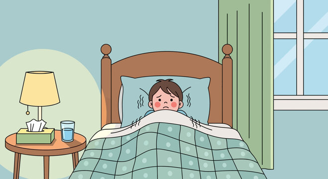 A Bedridden Child Suffering From Illness in a Cozy Bedroom Cartoon Illustration