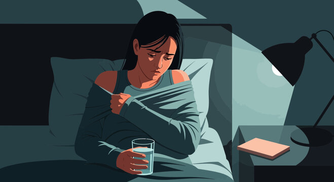 A Bedridden Woman Feels Miserable and Sick at Night with a Glass of Water nearby