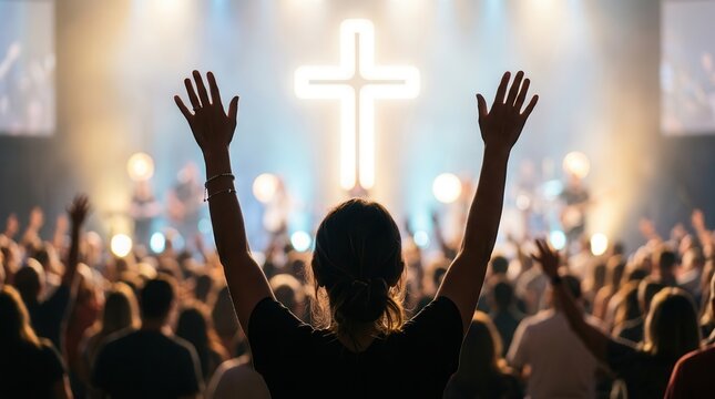 Christian worship background with people praying and singing praises in a church setting.