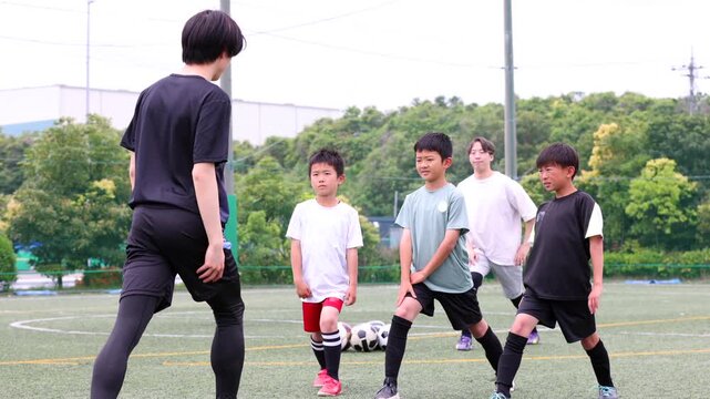 少年サッカーチームとコーチのウォーミングアップ風景