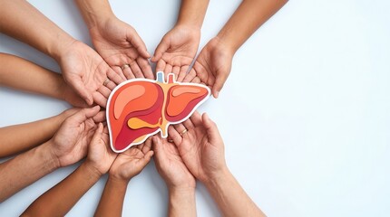 Concept of liver cancer treatment and organ donation with hands holding a liver icon.
