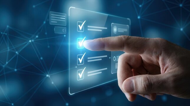 Client feedback and agreement process shown through a blue digital checklist.