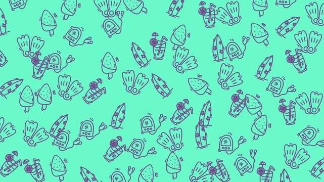 Holiday doodle with beachthemed pattern, featuring sunglasses, shells, and sun hats. Ideal for vacationthemed designs and summer projects.
