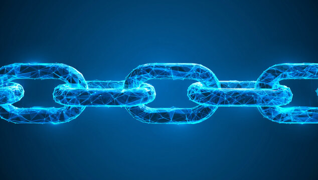 A glowing blue digital chain rendered with interconnected nodes and lines representing secure data connectivity, blockchain technology, and strong logical links in a virtual network.