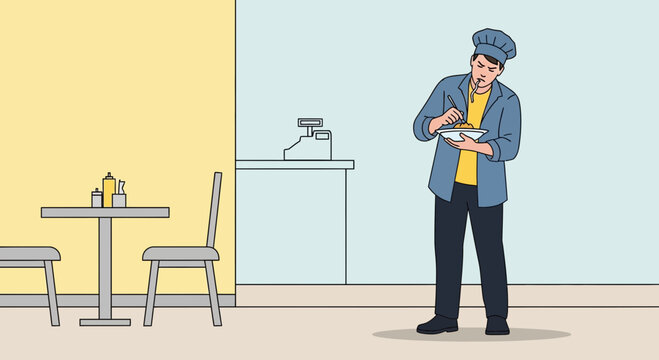 A Chef in The Uniform Trying Food At the Restaurant, Before Lunch Service Starts