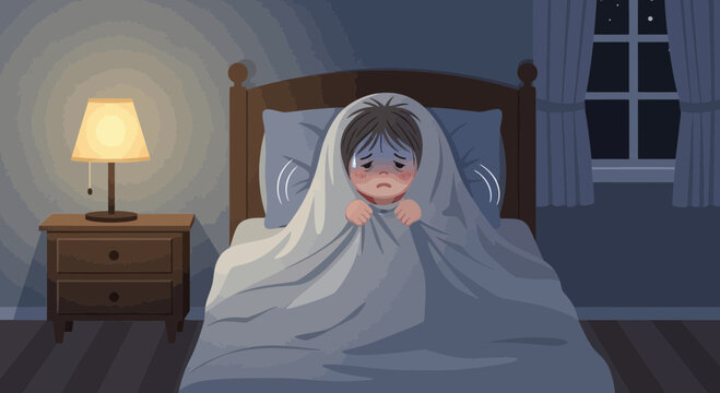 A Child Concealed Under Blankets Afraid, Alone, Tends to Nighttime Fear in Bedroom