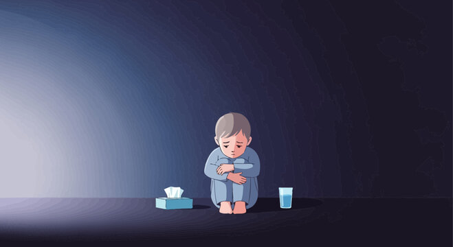 A Lonely Child With Depression Symbolized With Tears, A Tissue Box, and Water