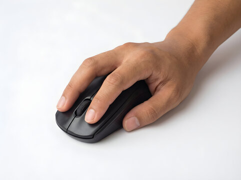  Close-up of man hand using wireless computer mouse isolated on white background