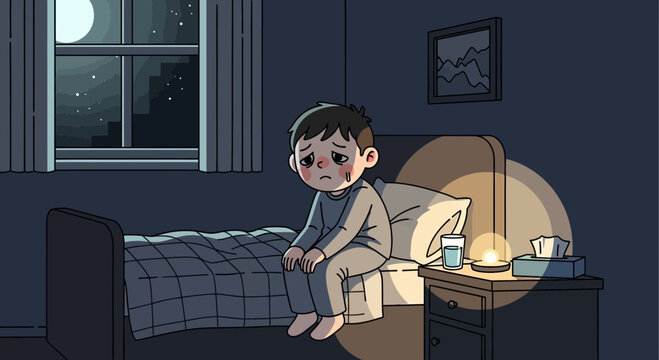 A Lonely Child With Teary Eyes Sitting On Bed At Night in a Somber Illustrated Scene