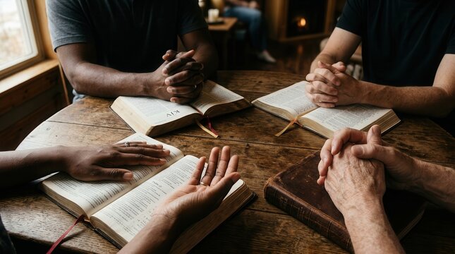 A group of people praying and worshiping with Bibles for a Christian devotional.