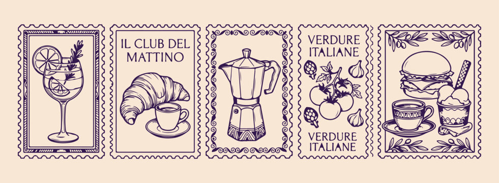 Italian espresso coffee stamps, moka pot cafe icons, vintage beverage postage art, mediterranean cafe culture graphics, breakfast coffee drink stickers, historical cafe correspondence art, classic cof