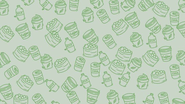Food doodle seamless pattern of coffee milk and cola drinks artistic and refreshing perfect for backgrounds, wrapping paper, textiles, and stationery.