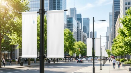 Urban street poles featuring blank white advertising banners for mockup design.