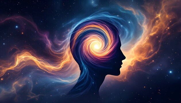 Silhouette of a human profile with a glowing spiral galaxy inside the head set against a vibrant nebula background representing consciousness, universe connection, and meditation.