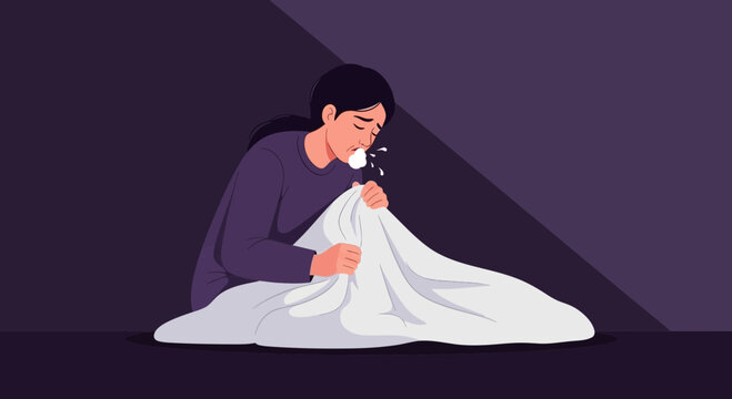 A Depicted Woman is Being Sick and Holding a White Blanket in a Dark Environment