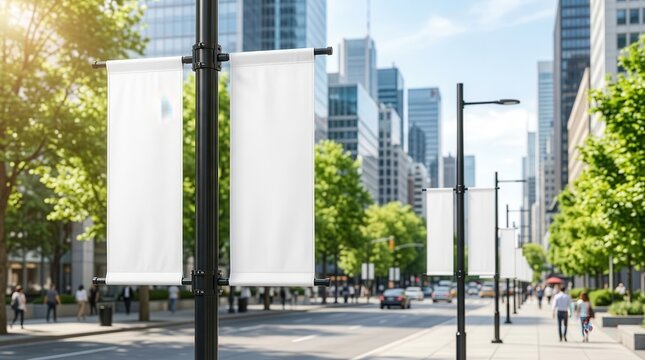 Urban street poles featuring blank white advertising banners for mockup design.
