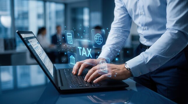 Online income tax return concept featuring a person working on a laptop with tax service graphics.