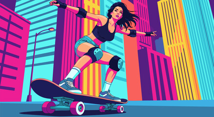 A vibrant vector illustration of a woman skateboarding through a colorful cityscape at dusk. © Purnomo