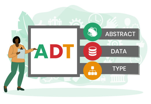 ADT, ABSTRACT DATA TYPE acronym. Concept with keyword and icons. Flat vector illustration. Isolated on white.	