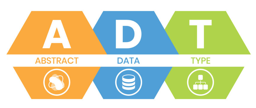 ADT, ABSTRACT DATA TYPE acronym. Concept with keyword and icons. Flat vector illustration. Isolated on white.	