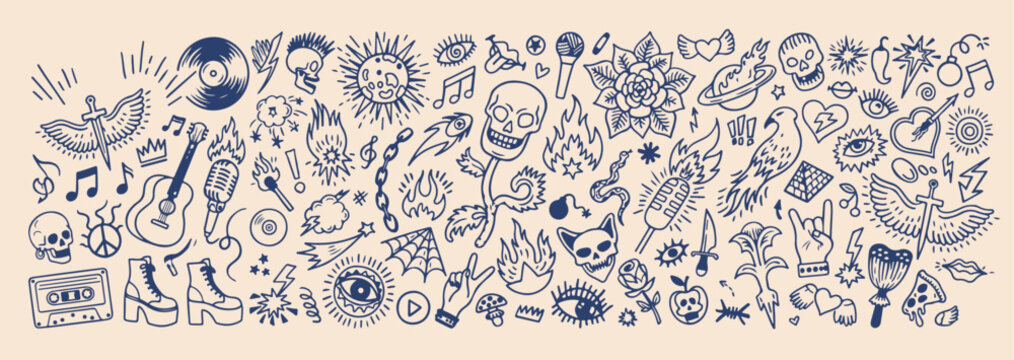 Gothic punk skull doodles, edgy street art stickers, rebellious youth culture icons, dark aesthetic hand signs, vintage grunge sticker set, black line art patches, urban underground graphic elements
T