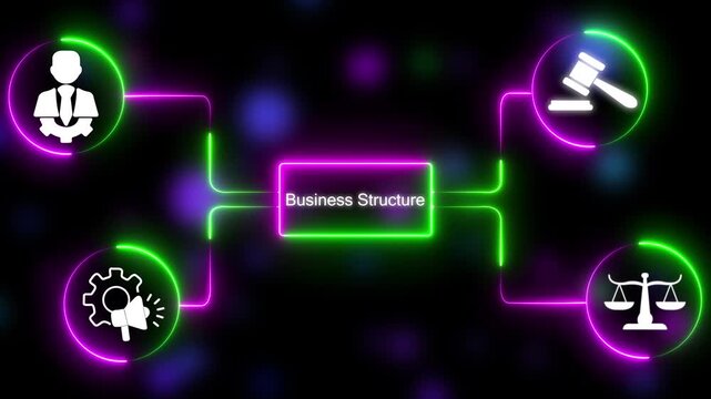 Business structure infographic with neon glowing and connecting lines for corporate strategy and management presentations
